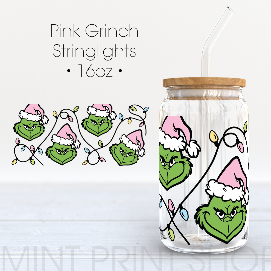 Pink Grinch Stringlights | UV DTF Cup Wrap