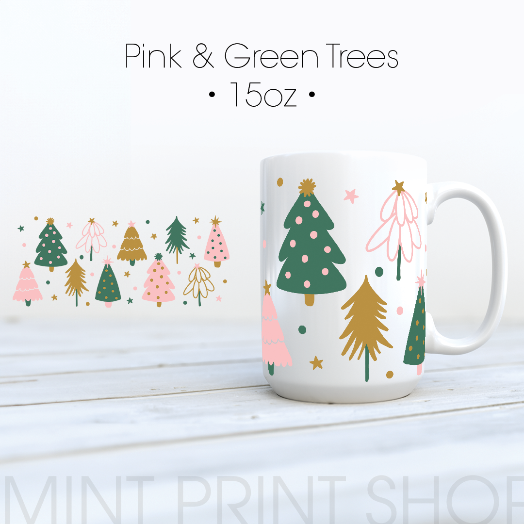 Pink & Green Trees | UV DTF Cup Wrap - Mint Print Shop