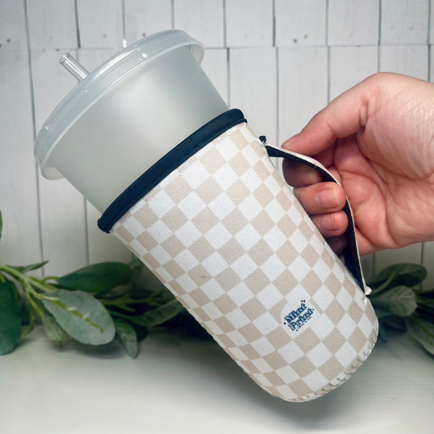 Beige Checkered Coffee Sleeve With Handle | Medium