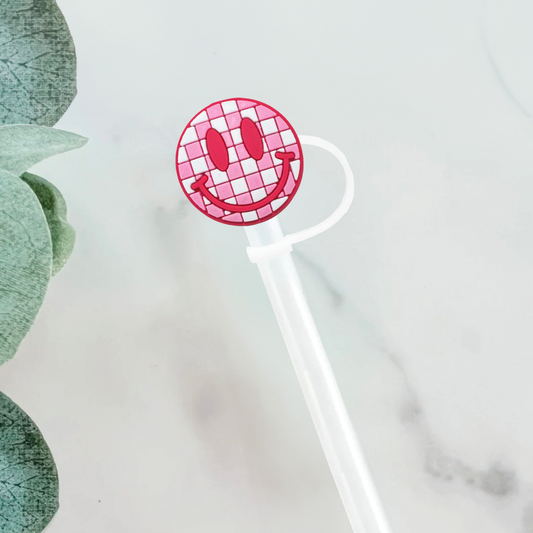 Pink Checkered Smiley Face Straw Cover