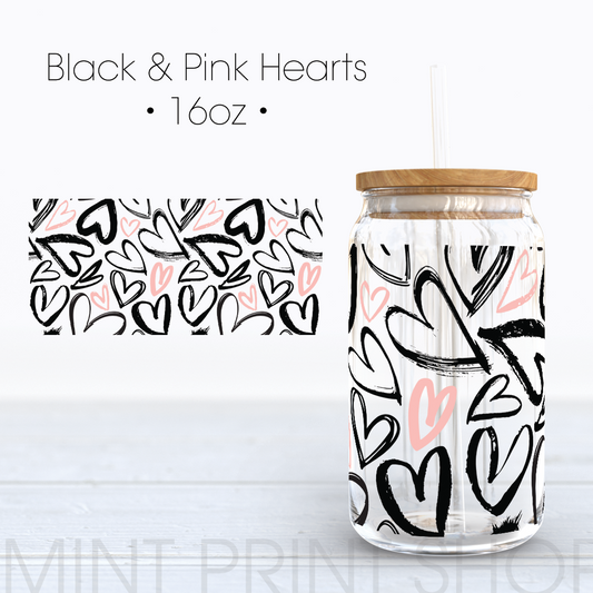 Black and Pink Hearts | UV DTF Cup Wrap