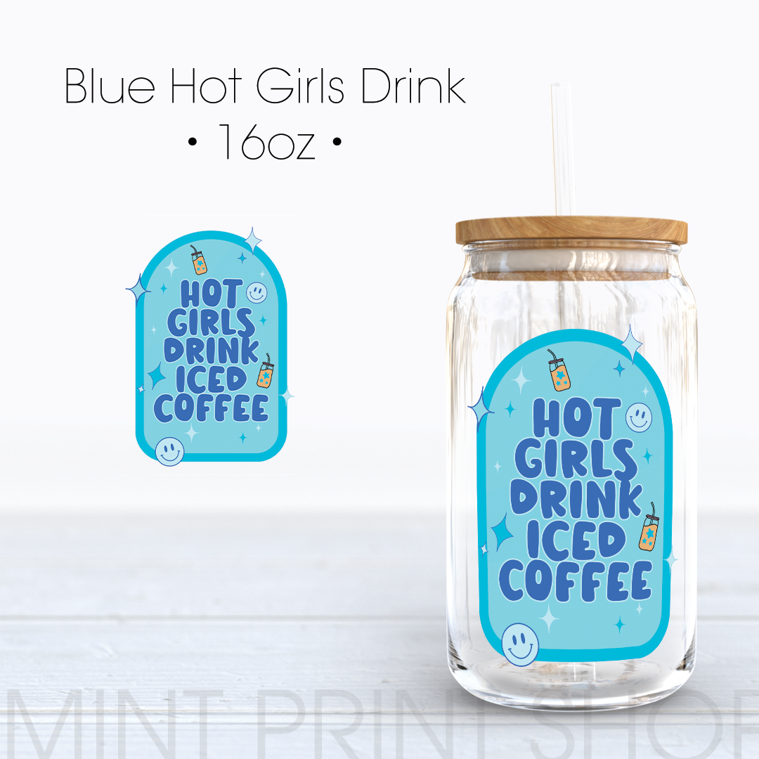 Blue Hot Girls Drink Coffee | UV DTF Decal