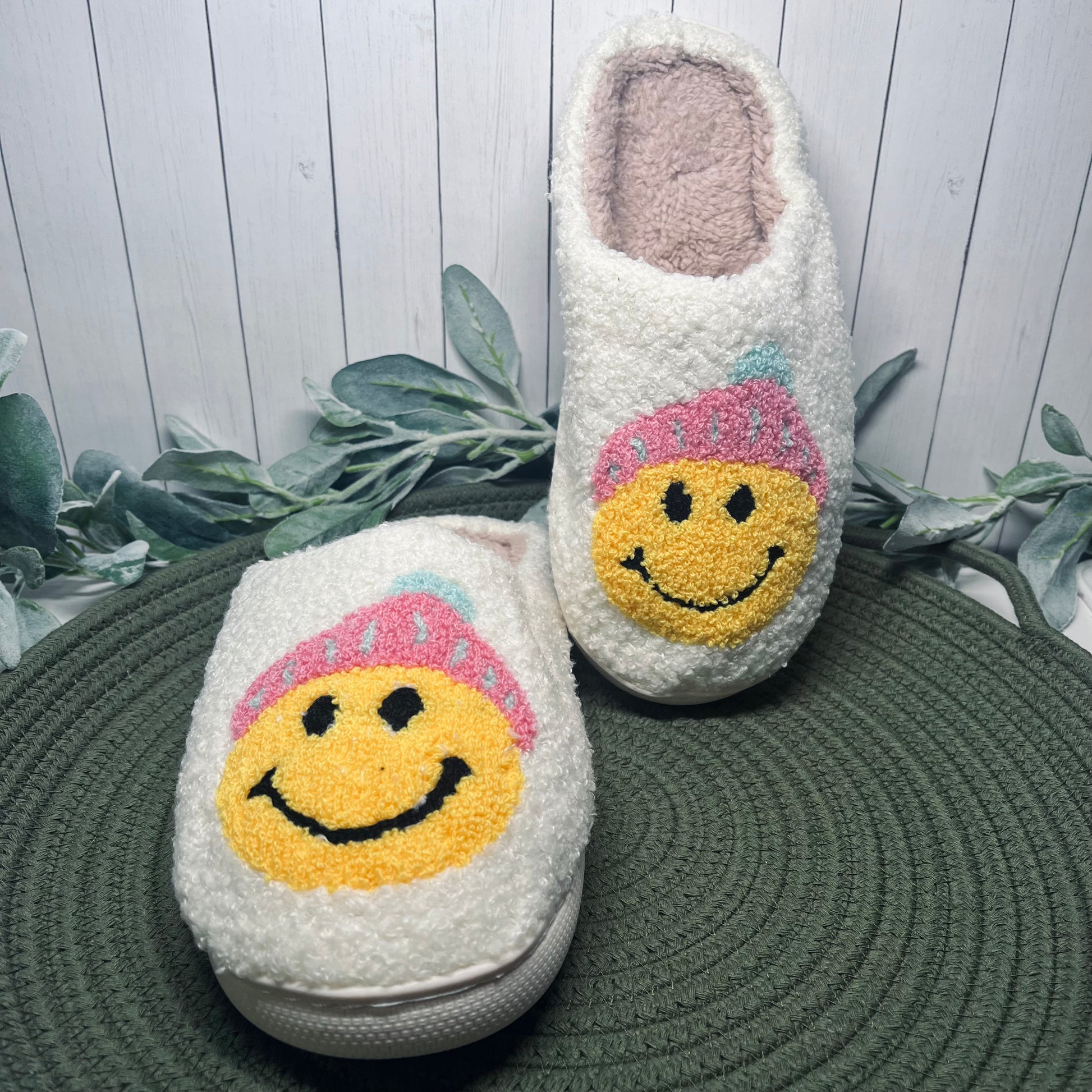 Beanie Smiley Face Christmas Slippers - Mint Print Shop