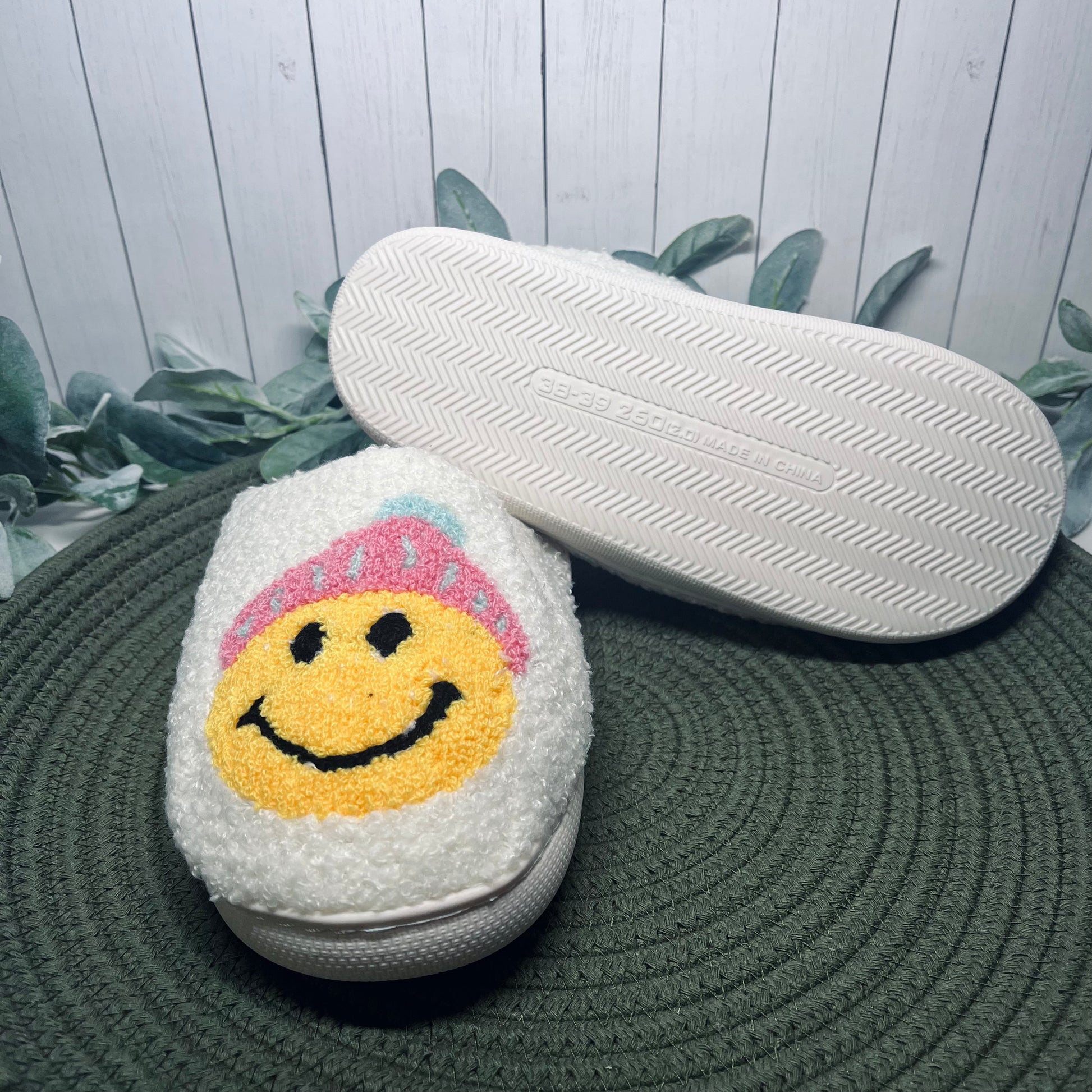 Beanie Smiley Face Christmas Slippers - Mint Print Shop