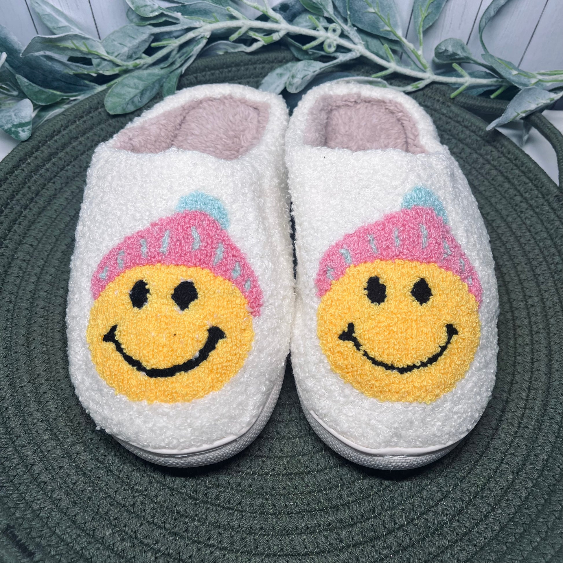 Beanie Smiley Face Christmas Slippers - Mint Print Shop