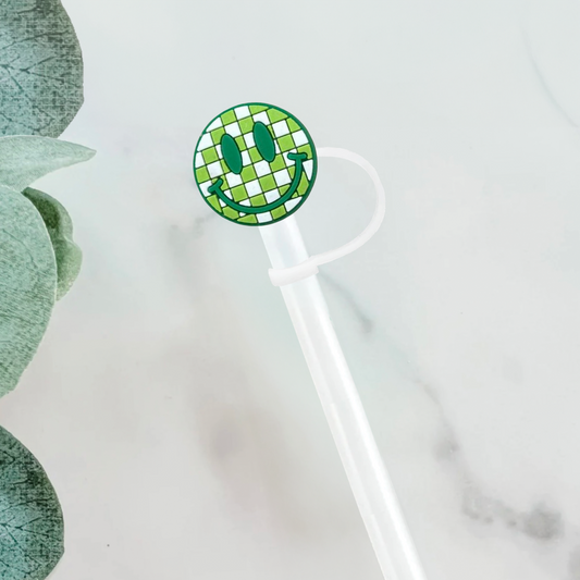 Green Checkered Smiley Face Straw Cover