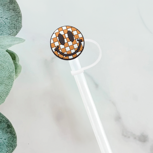 Nude Checkered Smiley Face Straw Cover