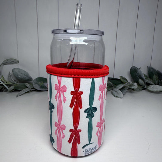Christmas Bow Print Drink Sleeve with Handle, Coffee Cup Sleeve, Cozie