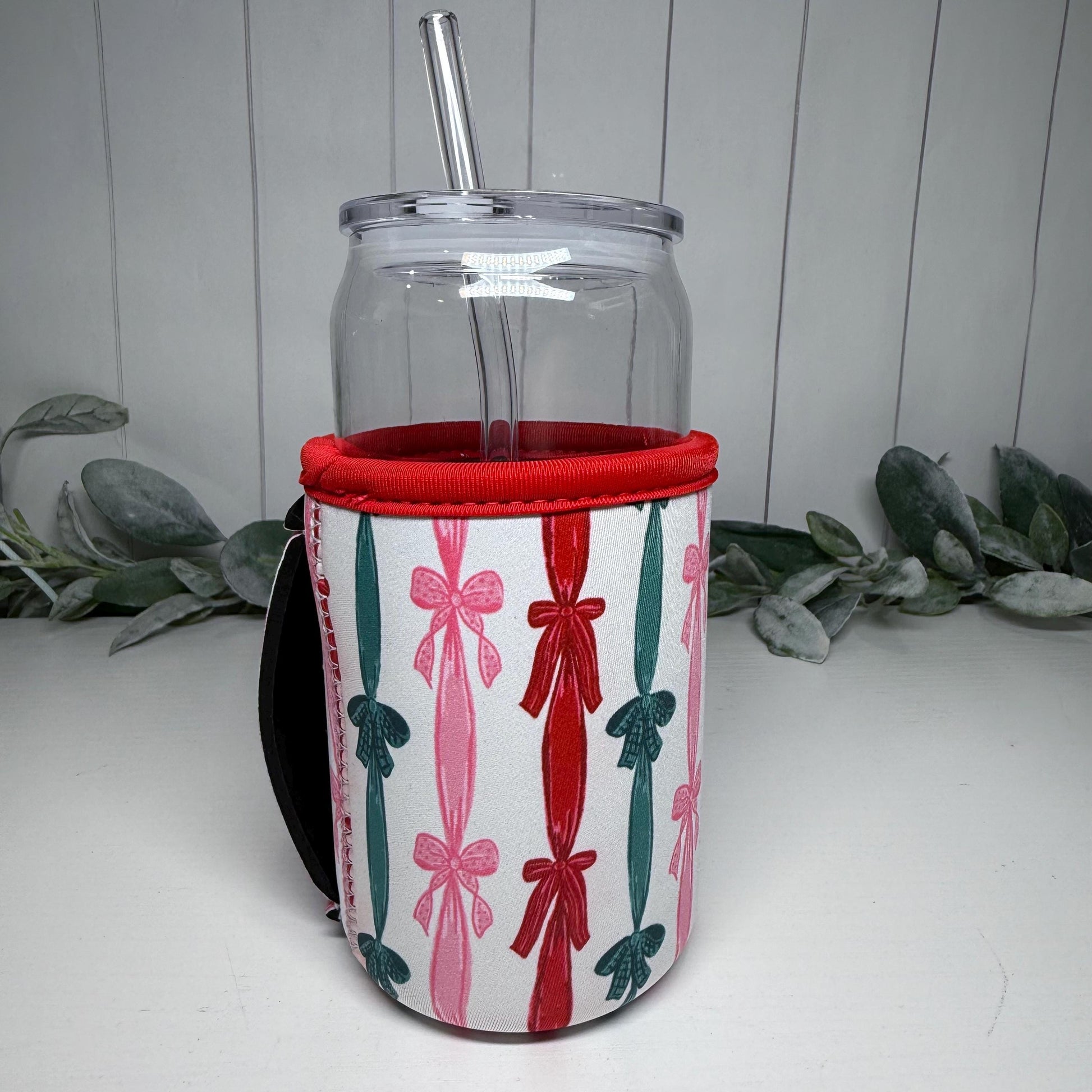 Christmas Bow Print Drink Sleeve with Handle, Coffee Cup Sleeve, Cozie
