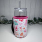 Pink Christmas Print Drink Sleeve with Handle, Coffee Cup Sleeve, Cozie