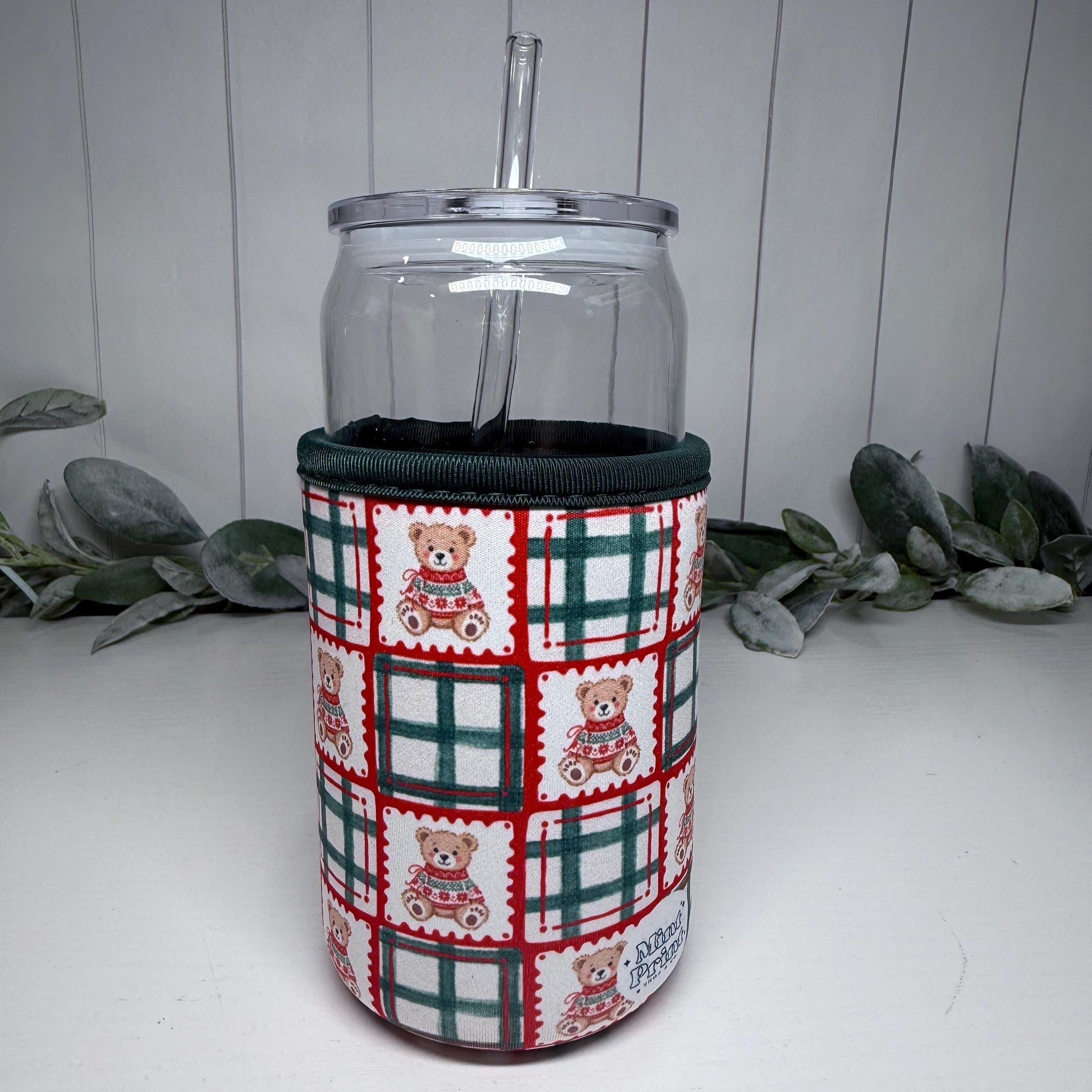 Plaid Teddy Bear Print Drink Sleeve with Handle, Coffee Cup Sleeve, Cozie