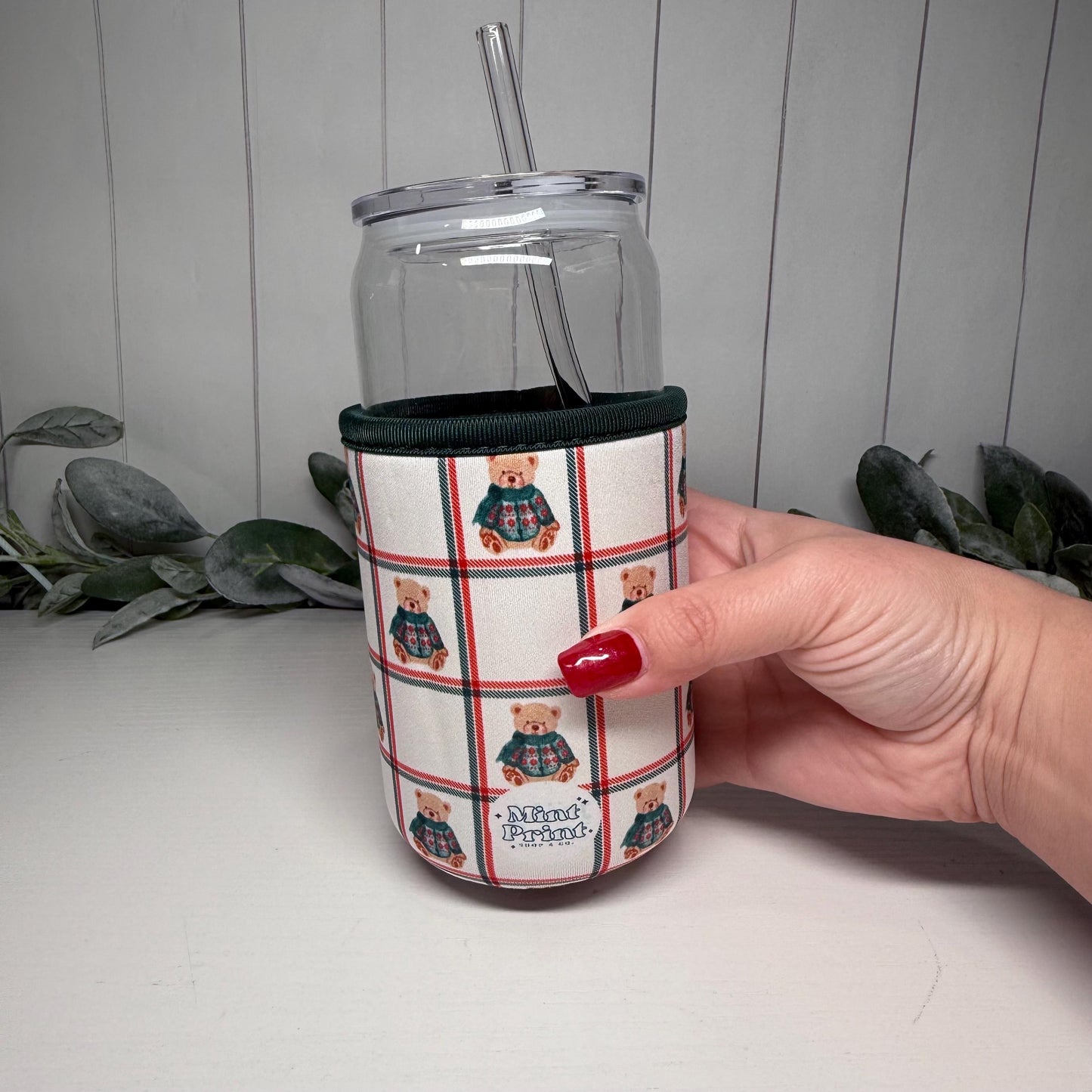 Plaid Teddy Bear Print Drink Sleeve with Handle, Coffee Cup Sleeve, Cozie