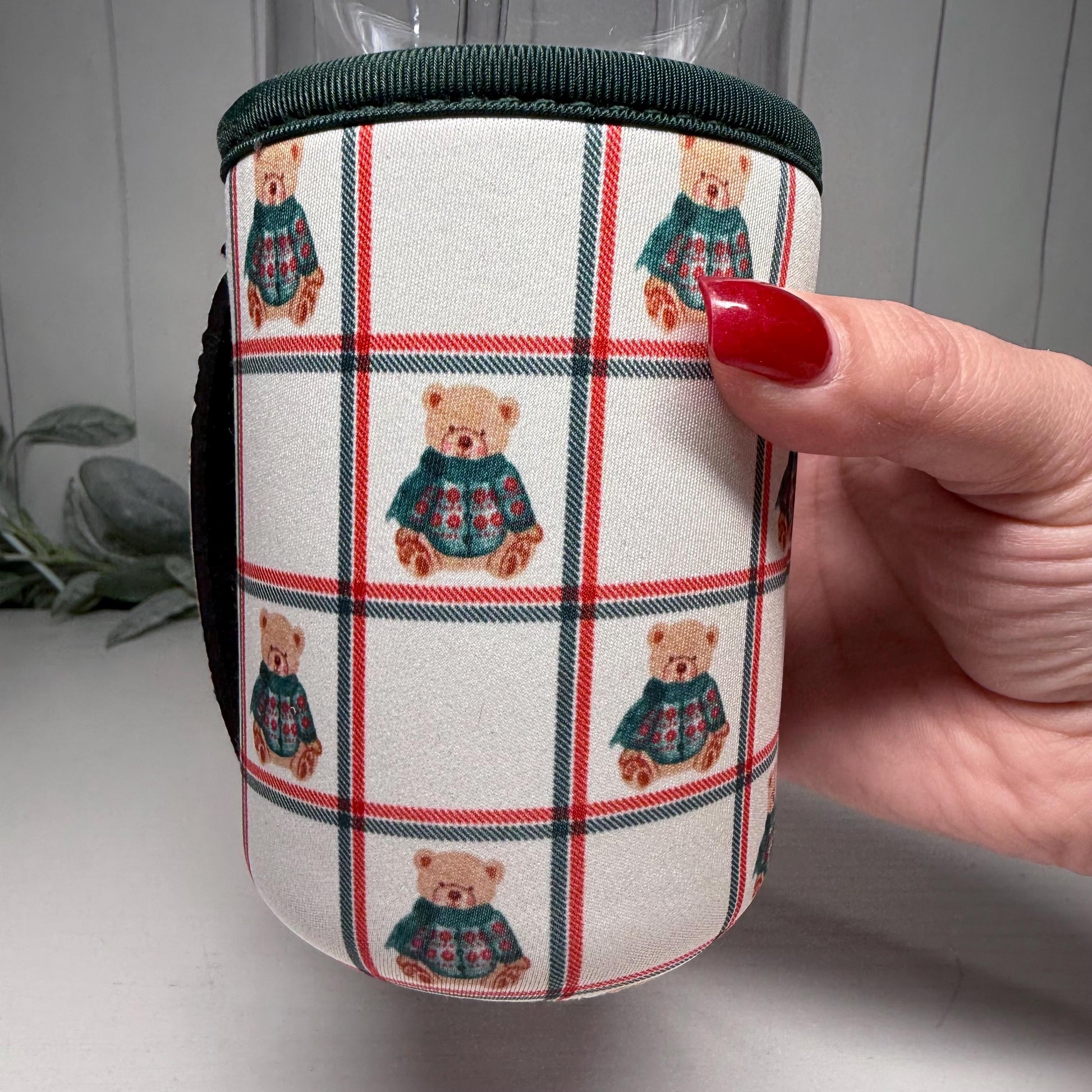 Plaid Teddy Bear Print Drink Sleeve with Handle, Coffee Cup Sleeve, Cozie