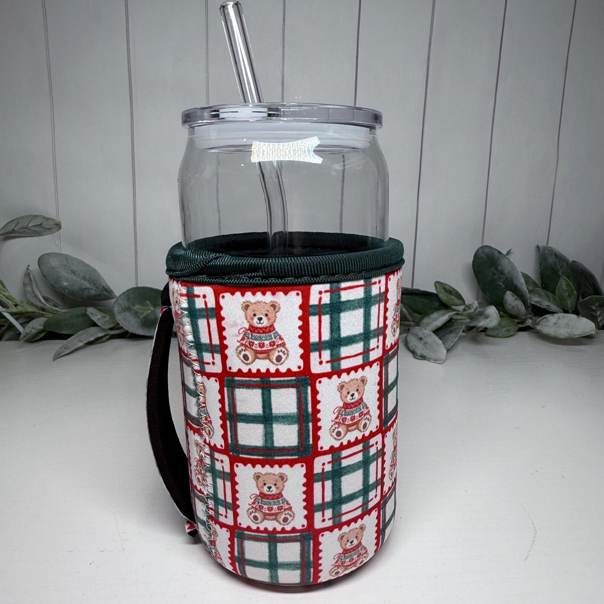 Plaid Teddy Bear Print Drink Sleeve with Handle, Coffee Cup Sleeve, Cozie
