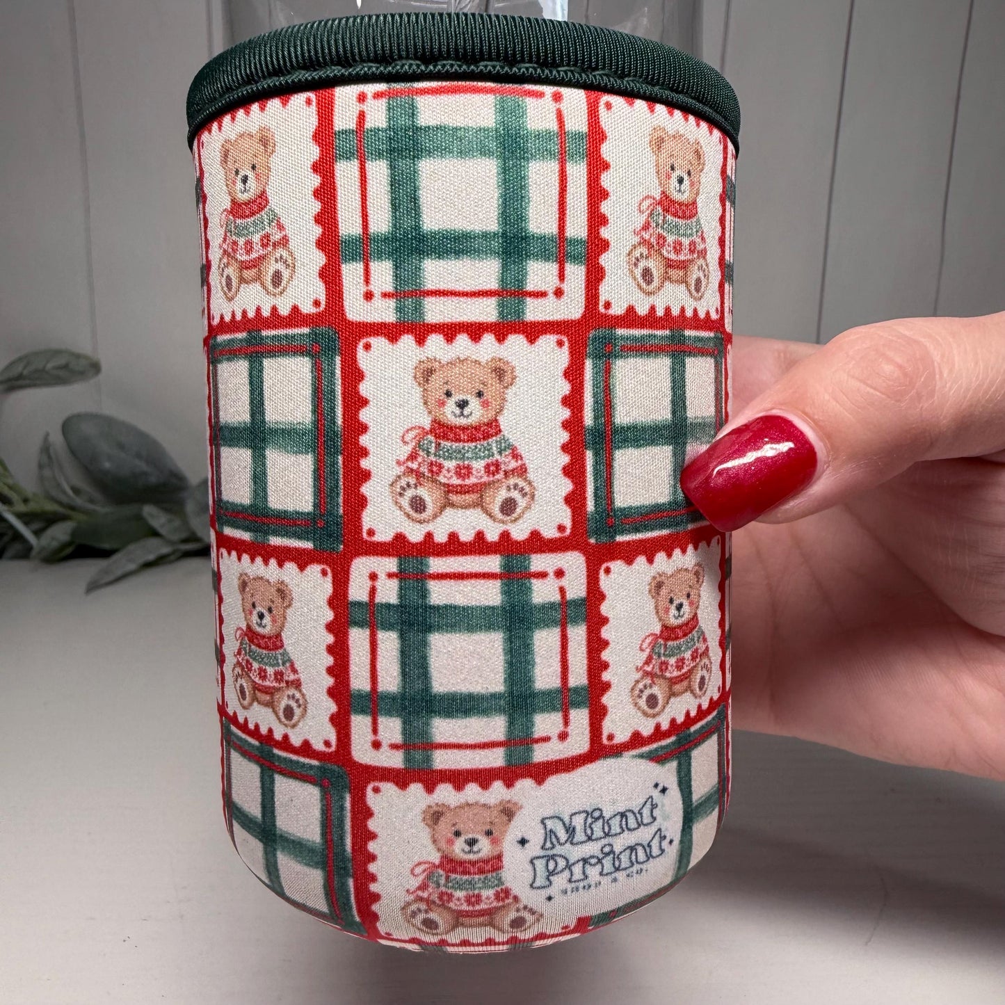 Plaid Teddy Bear Print Drink Sleeve with Handle, Coffee Cup Sleeve, Cozie