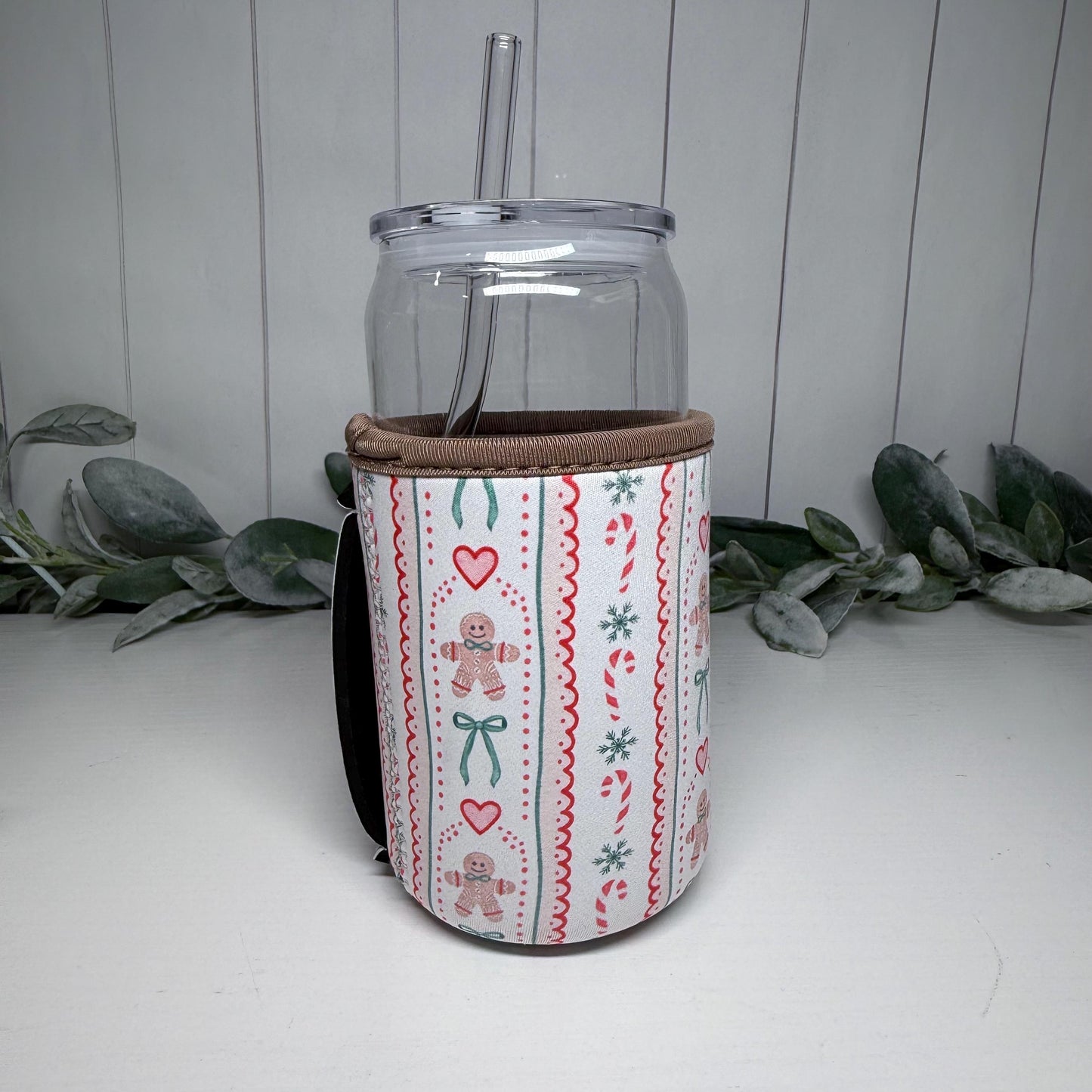 Gingerbread Man Print Drink Sleeve with Handle, Coffee Cup Sleeve, Cozie