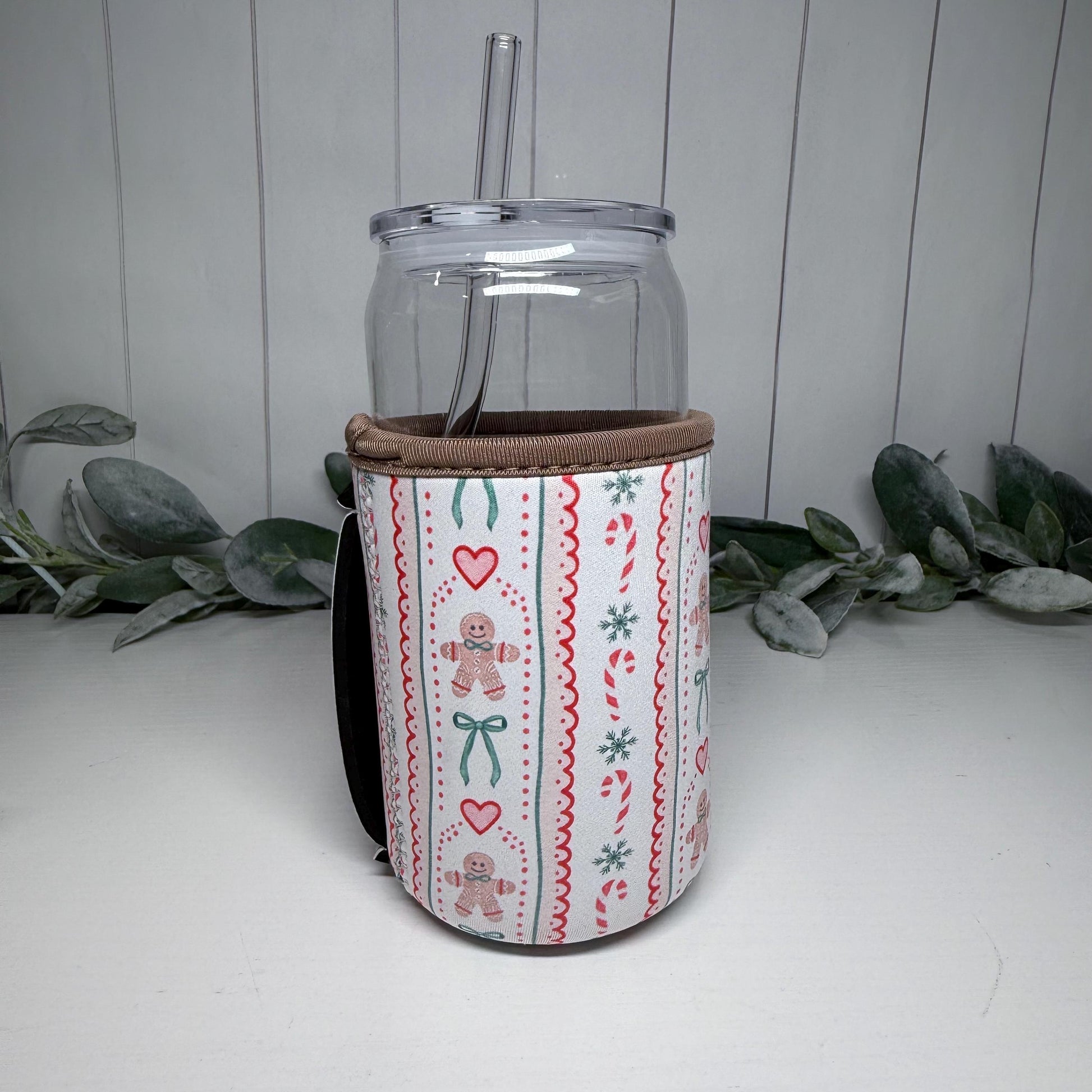 Gingerbread Man Print Drink Sleeve with Handle, Coffee Cup Sleeve, Cozie