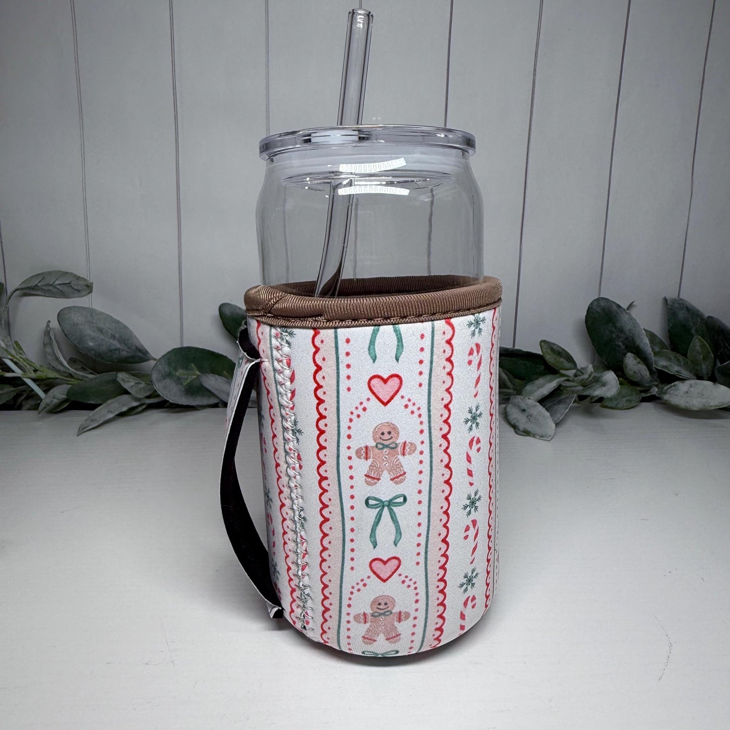 Gingerbread Man Print Drink Sleeve with Handle, Coffee Cup Sleeve, Cozie