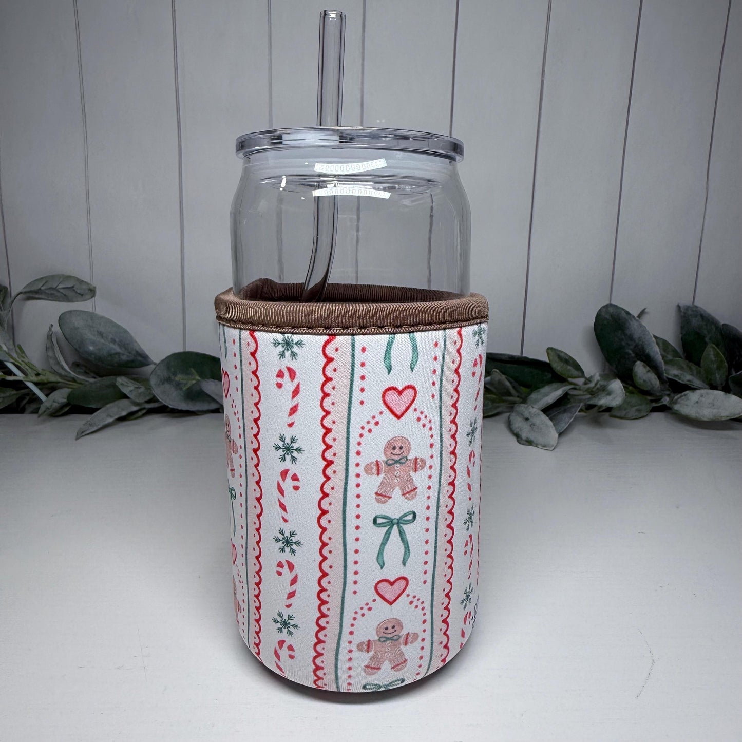 Gingerbread Man Print Drink Sleeve with Handle, Coffee Cup Sleeve, Cozie