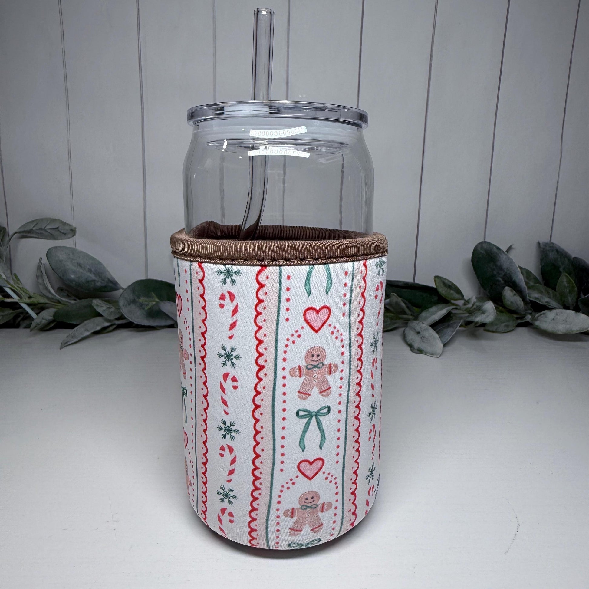 Gingerbread Man Print Drink Sleeve with Handle, Coffee Cup Sleeve, Cozie