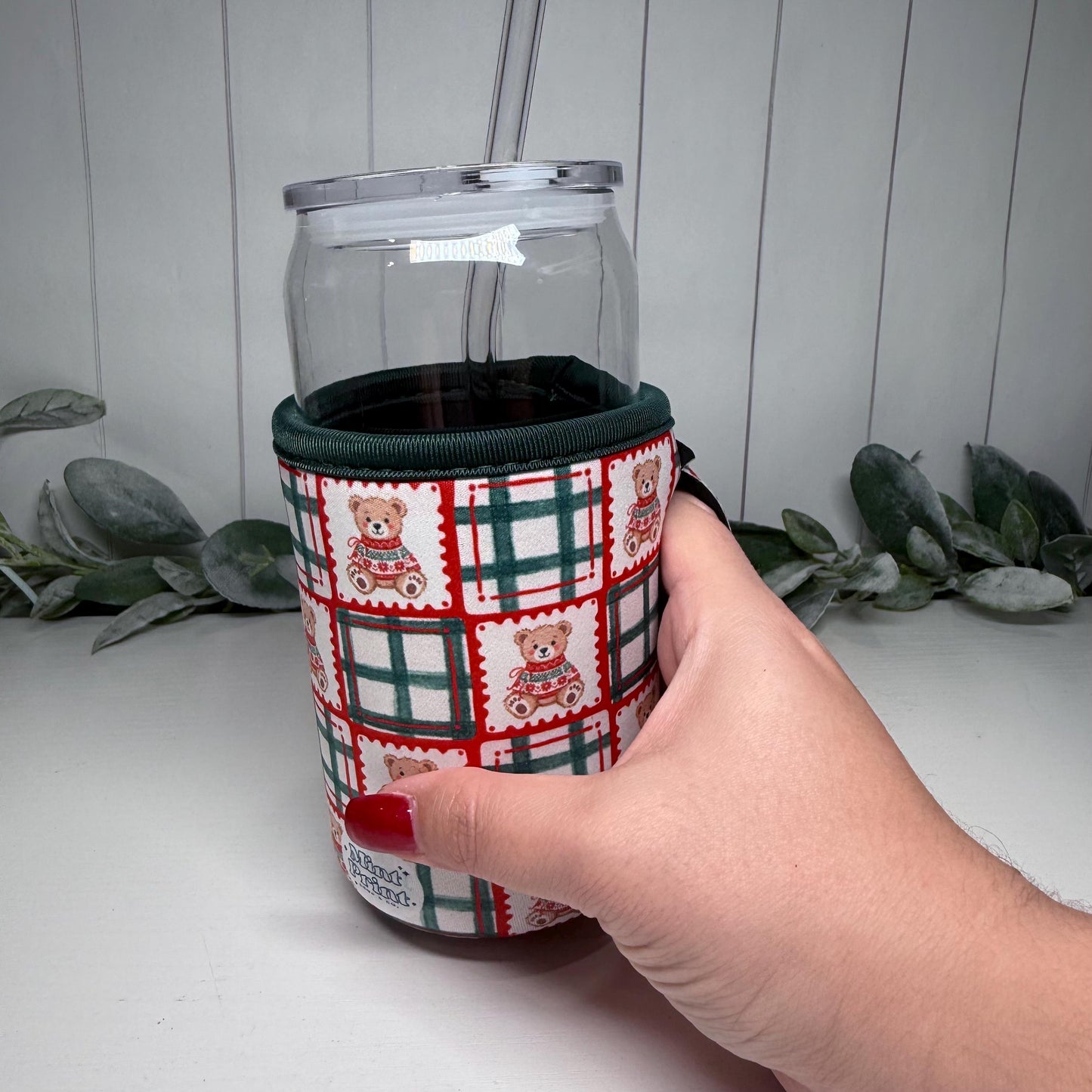 Plaid Teddy Bear Print Drink Sleeve with Handle, Coffee Cup Sleeve, Cozie