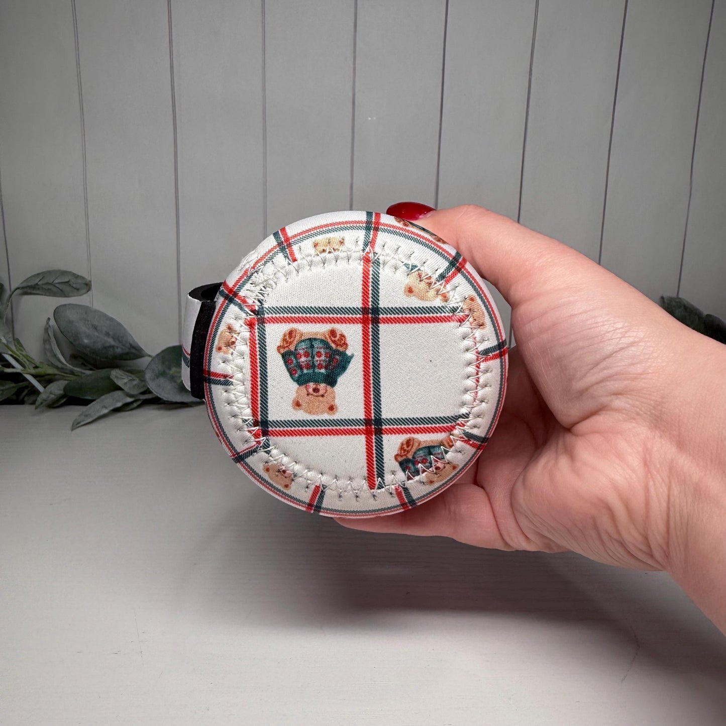 Plaid Teddy Bear Print Drink Sleeve with Handle, Coffee Cup Sleeve, Cozie