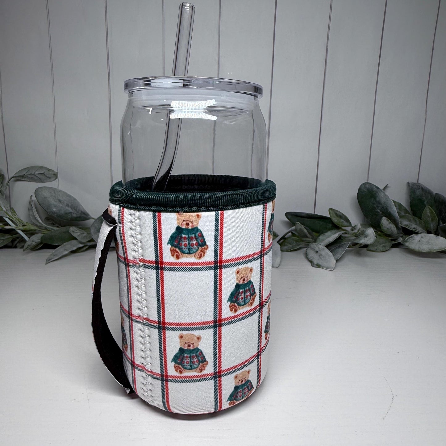 Plaid Teddy Bear Print Drink Sleeve with Handle, Coffee Cup Sleeve, Cozie