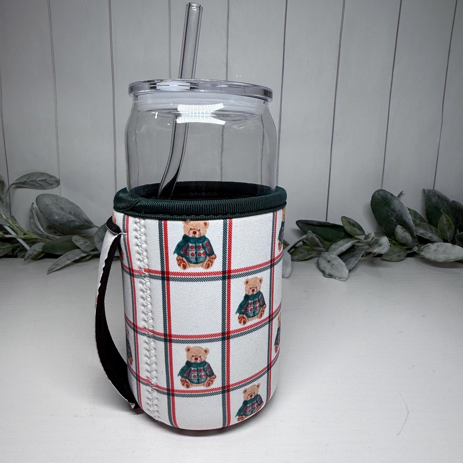 Plaid Teddy Bear Print Drink Sleeve with Handle, Coffee Cup Sleeve, Cozie