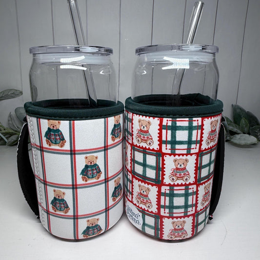 Plaid Teddy Bear Print Drink Sleeve with Handle, Coffee Cup Sleeve, Cozie