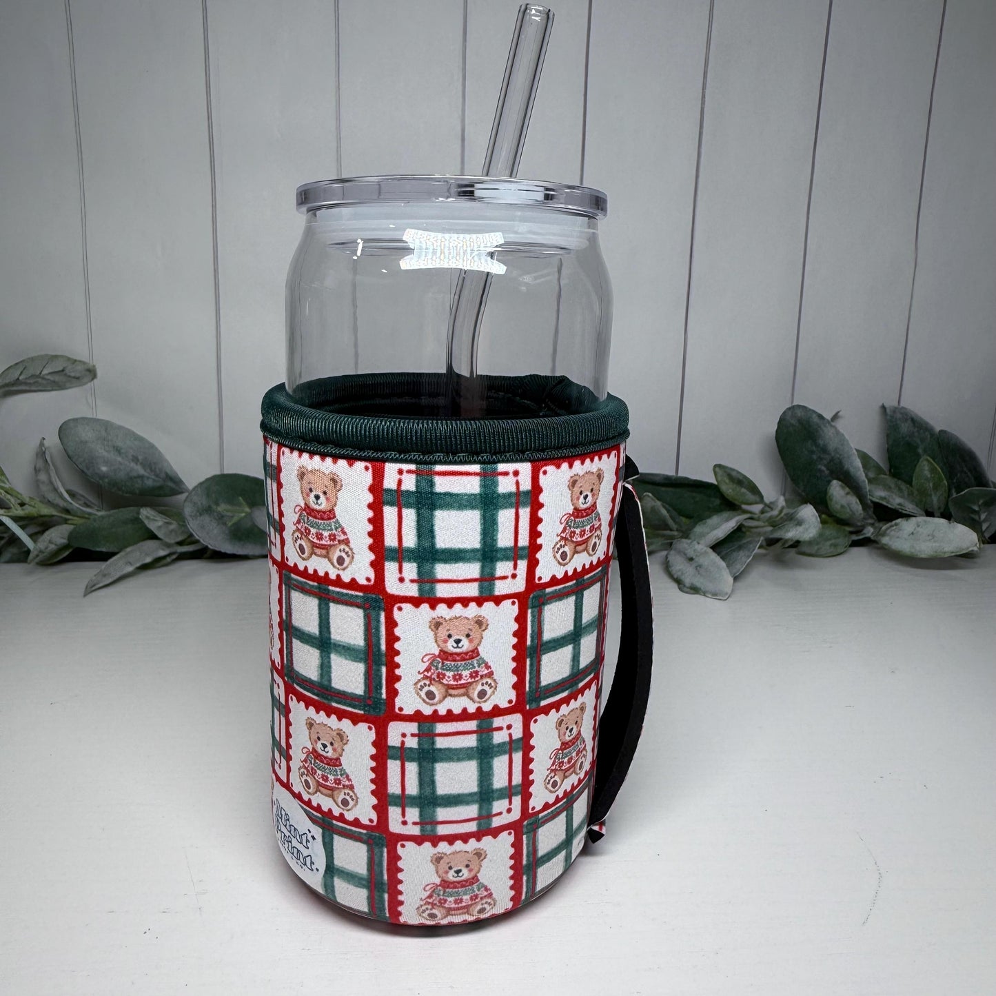 Plaid Teddy Bear Print Drink Sleeve with Handle, Coffee Cup Sleeve, Cozie