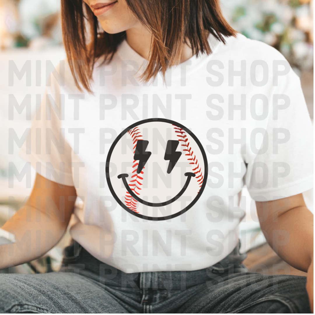 Baseball Lightning Smiley Face | DTF Transfer - Mint Print Shop