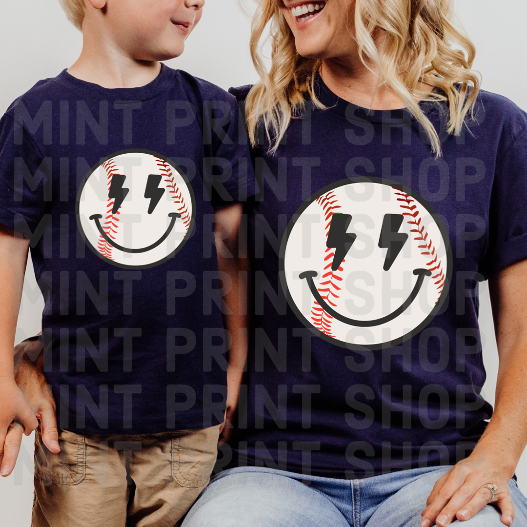 Child Baseball Lightning Smiley Face | DTF Transfer - Mint Print Shop