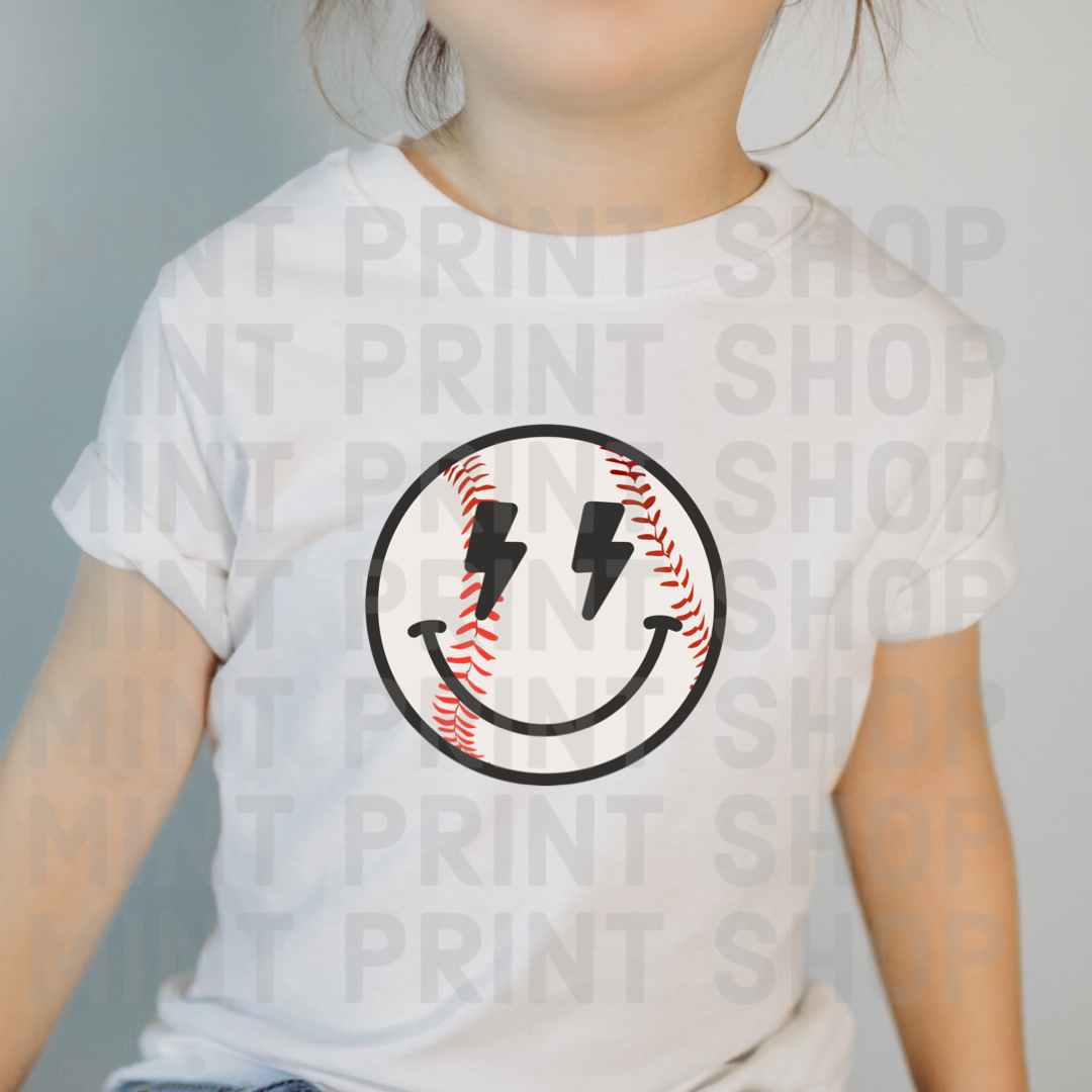 Child Baseball Lightning Smiley Face | DTF Transfer - Mint Print Shop